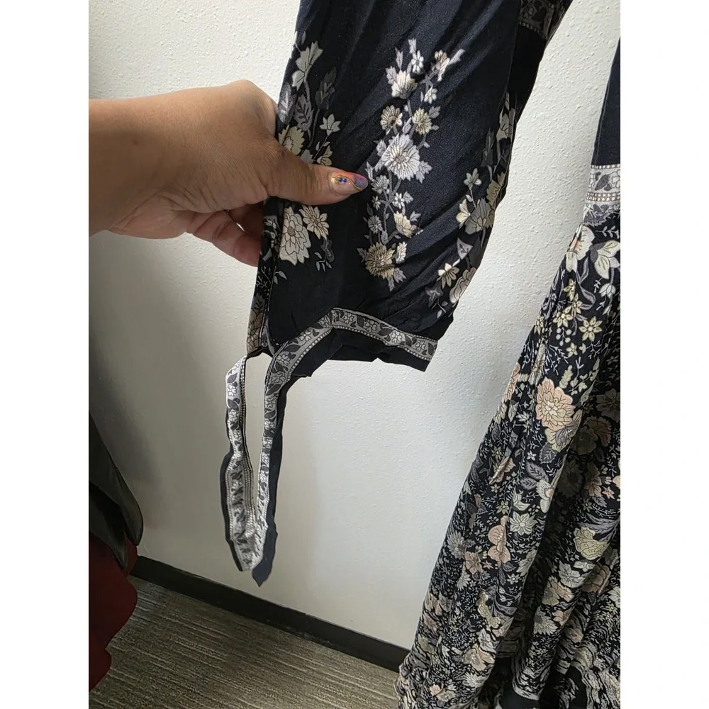 Papillon Boho Floral Maxi Dress Women's L–100% Viscose, Tie-Sleeve, V-Neck,‎ NWT - Picture 3 of 9